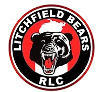 Logo for Litchfield Bears RLC featuring a roaring bear’s head in black and white, set against a red and white background, encircled by a black ring with the team name in bold white letters.