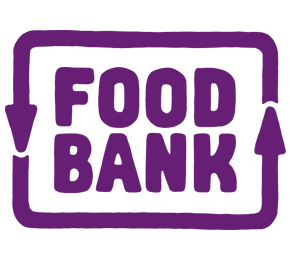 Purple text reading "FOOD BANK" is enclosed within a rectangular outline with rounded corners and two arrows pointing inward on the left and right sides.