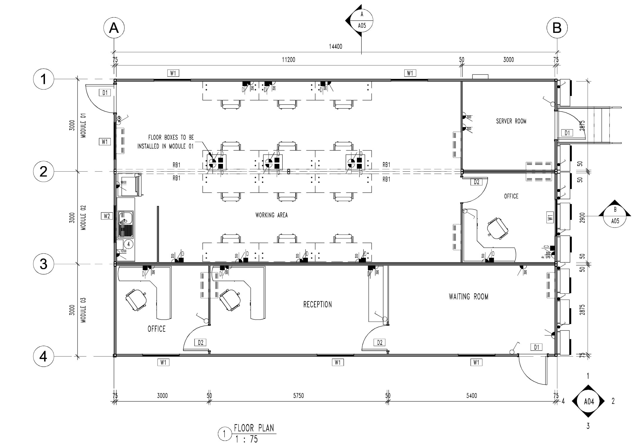 14.4 x 9 metre modular office and reception building