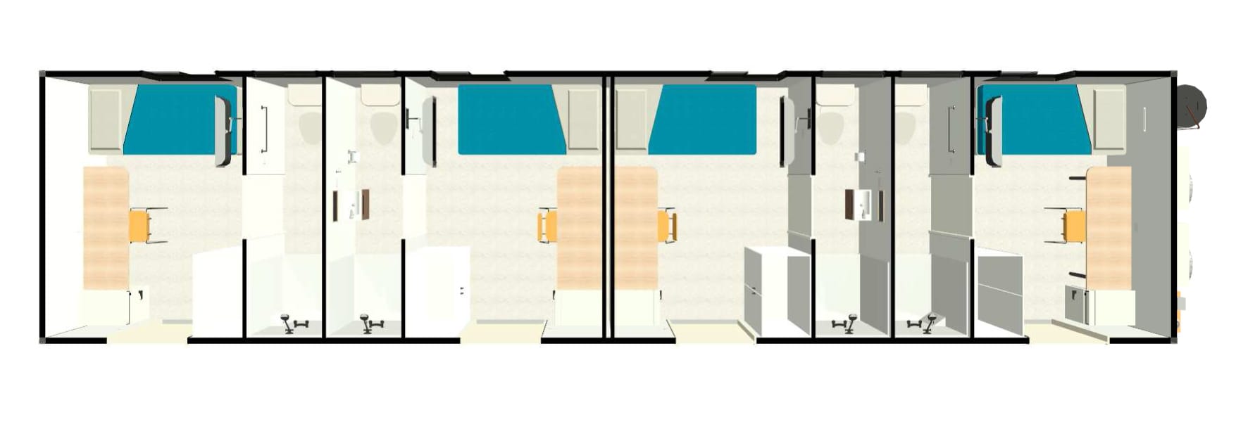 14.4 x 3.3 metre four person modular bunkhouse with ensuites