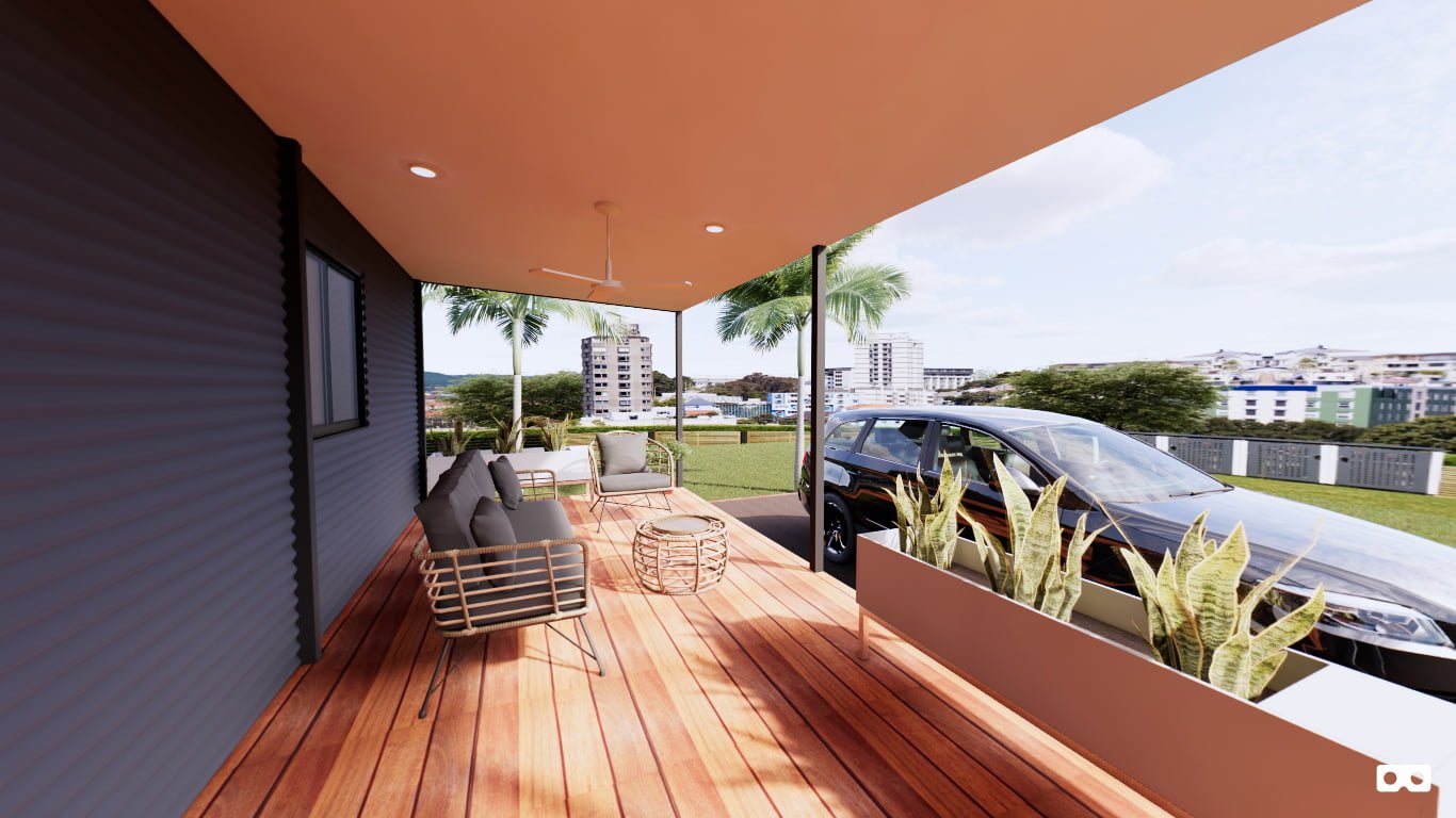 360 degree panoramic view of the verandah in The Roper modular home